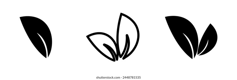 Leaf vector icons. Eco leaf logo. Simple linear leaves of trees and plants. Elements for eco friendly and bio logo,vegan. Black leaves collection. Ecology leaf element.