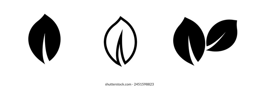 Leaf vector icons. Eco leaf logo. Simple linear leaves of trees and plants. Elements for eco friendly and bio logo,vegan. Black leaves collection. Outline ecology leaf symbol.