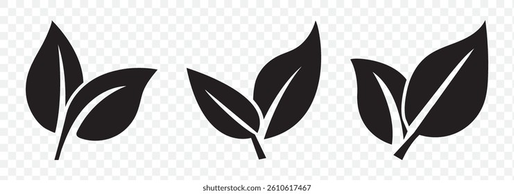 Leaf vector icons. Eco leaf logo. Simple linear leaves of trees and plants. Elements for eco friendly and bio logo, vegan. Black leaves collection. Ecology leaf element. EPS 10