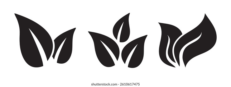 Leaf vector icons. Eco leaf logo. Simple linear leaves of trees and plants. Elements for eco friendly and bio logo, vegan. Black leaves collection. Ecology leaf element. EPS 10