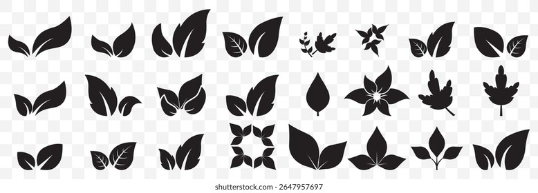 Leaf vector icons. Eco leaf logo. Simple linear leaves of trees and plants. Elements for eco friendly and bio logo, vegan. Black leaves collection. Ecology leaf element on Transparent Background.EPS10