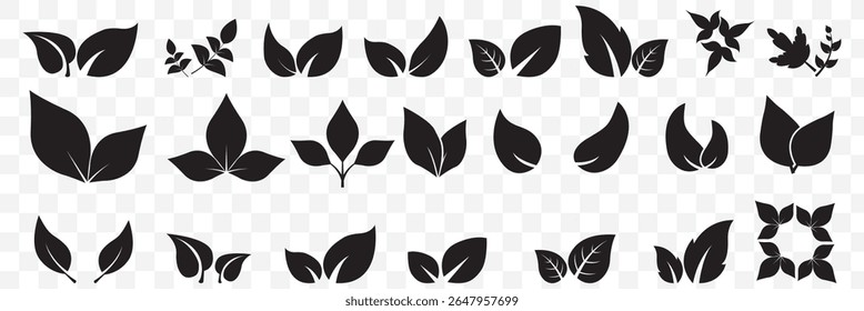 Leaf vector icons. Eco leaf logo. Simple linear leaves of trees and plants. Elements for eco friendly and bio logo, vegan. Black leaves collection. Ecology leaf element on Transparent Background.EPS10