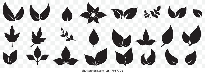 Leaf vector icons. Eco leaf logo. Simple linear leaves of trees and plants. Elements for eco friendly and bio logo, vegan. Black leaves collection. Ecology leaf element on Transparent Background.EPS10
