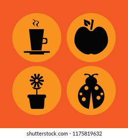 leaf vector icons set. with apple, ladybug, flower pot and latte cup in set