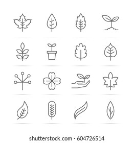 leaf vector line icons, minimal pictogram design, editable stroke for any resolution, nature ecology concept