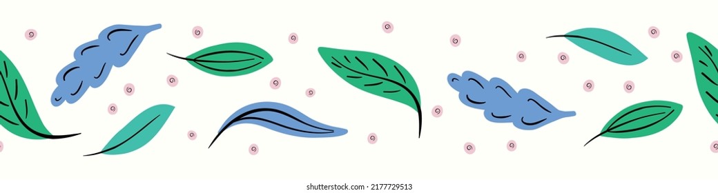 Leaf vector pattern background border. Fun seamless repeat of hand drawn green and blue leaves. 