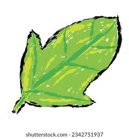 Leaf vector, wax crayons like children's hand drawn leaves isolated. Pastel chalk or pencil like leaves drawn by children's hands on paper. Brush painting style, coloring style with crayon