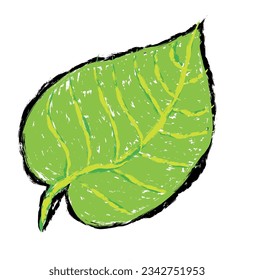 Leaf vector, wax crayons like children's hand drawn leaves isolated. Pastel chalk or pencil like leaves drawn by children's hands on paper. Brush painting style, coloring style with crayon