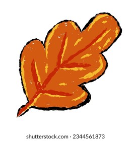 Leaf vector, wax crayons like children's hand drawn leaves isolated. Pastel chalk or pencil like leaves drawn by children's hands on paper. Brush painting style, coloring style with crayon, autumn