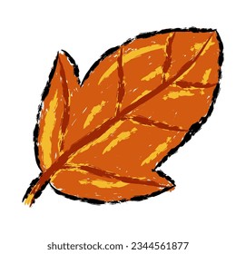 Leaf vector, wax crayons like children's hand drawn leaves isolated. Pastel chalk or pencil like leaves drawn by children's hands on paper. Brush painting style, coloring style with crayon, autumn