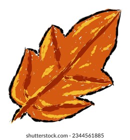 Leaf vector, wax crayons like children's hand drawn leaves isolated. Pastel chalk or pencil like leaves drawn by children's hands on paper. Brush painting style, coloring style with crayon, autumn