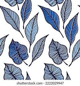 Leaf with vein floral vector seamless pattern. Nature handdrawn wallpaper. Tree plant foliage skeleton illustration. Vibrant leaves herbal endless ornament. Minimalist textile print.