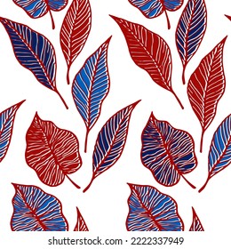 Leaf with vein floral vector seamless pattern. Nature graphic design. Tree plant foliage skeleton lines. Detailed leaves herbal endless ornament. Minimalist textile print.