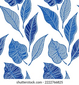 Leaf with vein floral vector seamless pattern. Nature handdrawn wallpaper. Tree plant foliage skeleton illustration. Abstract leaves herbal endless ornament. Minimalist textile print.