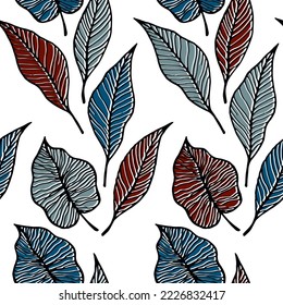 Leaf with vein floral vector seamless pattern. Nature doodle wallpaper. Tree plant foliage skeleton texture. Gentle leaves herbal endless ornament. Delicate summer design.