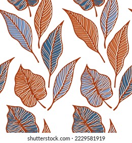 Leaf with vein floral vector seamless pattern. Nature doodle wallpaper. Tree plant foliage skeleton lines. Decorative leaves herbal endless ornament. Ornate fabric print.