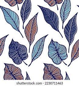 Leaf with vein floral vector seamless pattern. Nature fashion print. Tree plant foliage skeleton illustration. Colorful leaves herbal endless ornament. Minimalist textile print.