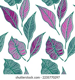 Hoja con vectores de vectores florales de vena sin fisuras. Huella de moda natural. Ilustración del esqueleto de la vegetación arbórea. El vibrante deja un ornamento sin fin de hierbas. Delicado diseño de verano.