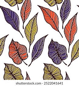 Leaf with vein floral vector seamless pattern. Botanical elements background. Tree plant foliage skeleton lines. Natural backdrop botany leaf silhouettes. Minimalist textile print.