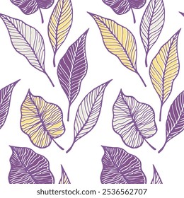 Leaf with vein floral vector seamless pattern. Nature fashion print. Tree plant foliage skeleton lines. Detailed leaves herbal endless ornament. Ornate fabric print.