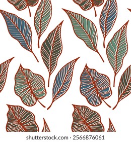 Leaf with vein floral vector seamless pattern. Nature fashion print. Tree plant foliage skeleton illustration. Gentle leaves herbal endless ornament. Minimalist textile print.