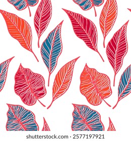 Leaf with vein floral vector seamless pattern. Nature handdrawn wallpaper. Tree plant foliage skeleton texture. Exotic leaves herbal endless ornament. Minimalist textile print.