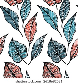 Leaf with vein floral vector seamless pattern. Botanical elements background. Tree plant foliage skeleton texture. Colorful leaves herbal endless ornament. Delicate summer design.