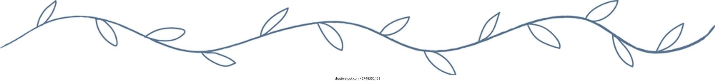 Leaf vine border with looping line and small leaves forming a seamless divider in hand-drawn doodle style. Symbol of growth, nature, elegance, and separation for headers. Cartoon vector illustration.