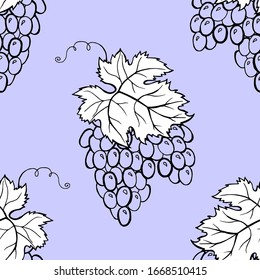 Leaf vine. Grape berries and leaves. Hand-drawn illustration. Vector seamless pattern.