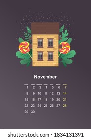 leaf of wall vertical calendar 2021 year cozy house in green leaves and lollipop sweets, vector illustration flat style on dark background November