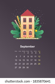 leaf of wall vertical calendar 2021 year cozy house in green leaves and lollipop sweets, vector illustration flat style on dark background September