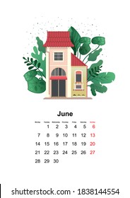 leaf of wall vertical calendar 2021 year cozy house in green leaves in cartoon flat style on white background June