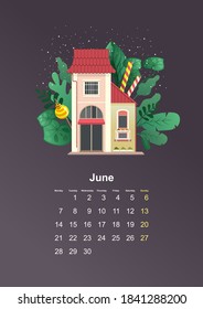 leaf of wall vertical calendar 2021 year cozy house in green leaves and lollipop sweets, vector illustration flat style on dark background June