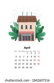 hoja del calendario vertical de pared 2021 año casa acogedora en hojas verdes en dibujos animados estilo plano sobre fondo blanco Abril