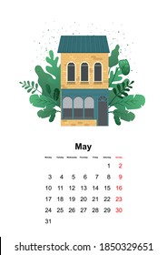 leaf of wall vertical calendar 2021 year cozy house in green leaves in cartoon flat style on white background May,