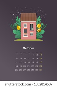 leaf of wall vertical calendar 2021 year cozy house in green leaves and lollipop sweets, vector illustration flat style on dark background October