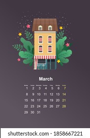 leaf of wall vertical calendar 2021 year cozy house in green leaves and lollipop sweets, vector illustration flat style on dark background March