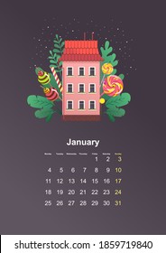 leaf of wall vertical calendar 2021 year cozy house in green leaves and lollipop sweets, vector illustration flat style on dark background January
