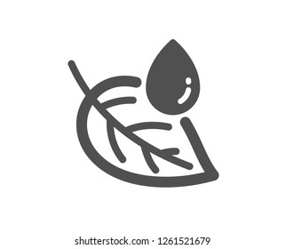 Leaf with water drop icon. Nature plant dew sign. Environmental care symbol. Quality design element. Classic style icon. Vector