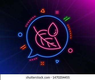 Leaf with water drop line icon. Neon laser lights. Nature plant dew sign. Environmental care symbol. Glow laser speech bubble. Neon lights chat bubble. Banner badge with leaf dew icon. Vector