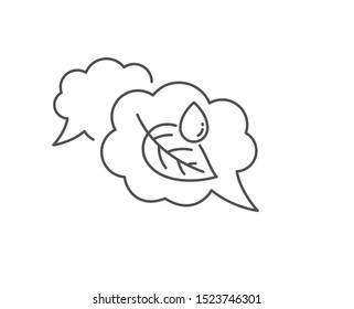 Leaf with water drop line icon. Chat bubble design. Nature plant dew sign. Environmental care symbol. Outline concept. Thin line leaf dew icon. Vector