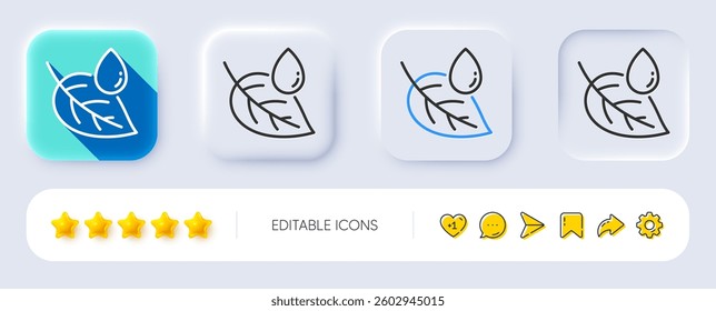 Leaf with water drop line icon. Neumorphic, Flat shadow, 3d buttons. Nature plant dew sign. Environmental care symbol. Line leaf dew icon. Social media icons. Vector
