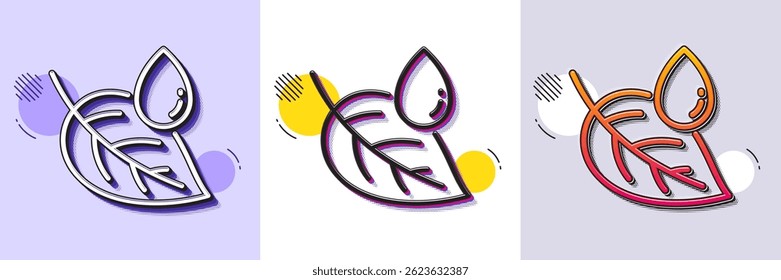 Leaf with water drop line icon. Halftone dotted pattern. Gradient icon with grain shadow. Nature plant dew sign. Environmental care symbol. Line leaf dew icon. Various designs. Vector