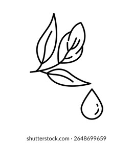 Leaf with water drop line icon. Continuous one line with curl. Nature plant dew sign. Environmental care symbol. Leaf dew single outline ribbon. Loop curve pattern. Vector