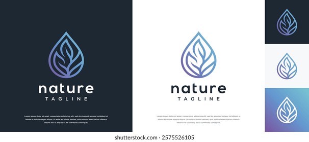 Leaf water drop logo design. Nature leaf water line logo template.