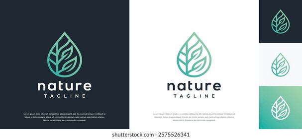 Leaf water drop logo design. Nature leaf water line logo template.