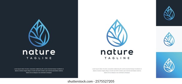 Leaf water drop logo design. Nature leaf water line logo template.
