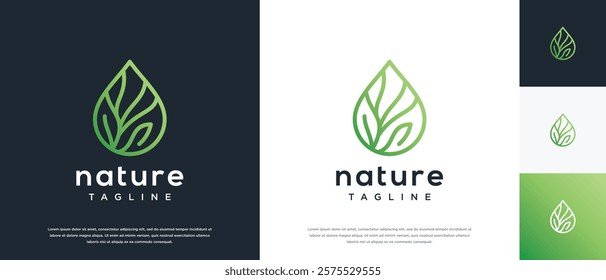 Leaf water drop logo design. Nature leaf water line logo template.