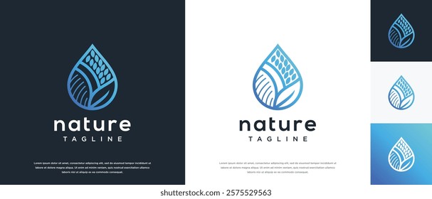 Leaf water drop logo design. Nature leaf water line logo template.
