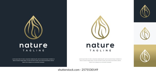 Leaf water drop logo design. Nature leaf water line logo template.